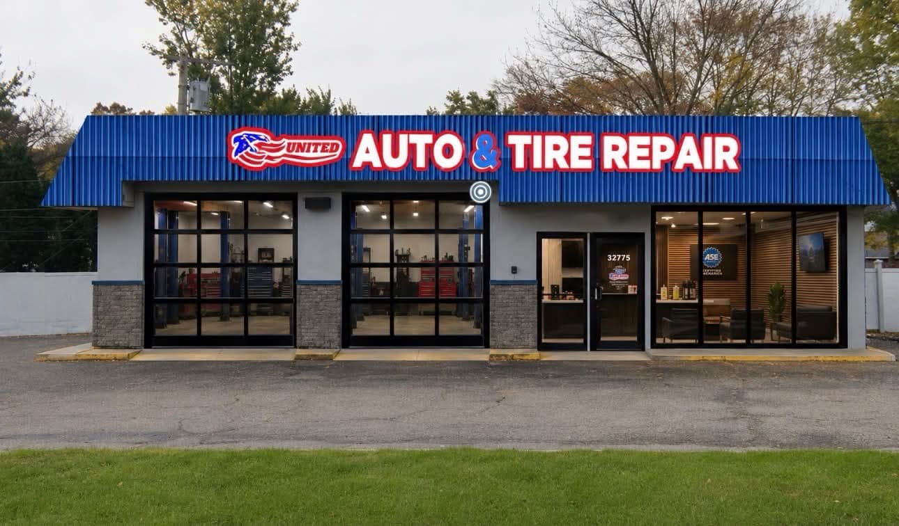 Exterior of the United Auto & Tire Repair Club shop at 33775 Ford Road in Garden City